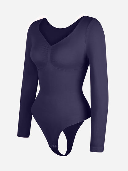 Seamless Long Sleeve Chest Support Thong Bodysuit – Tummy Control Shaper