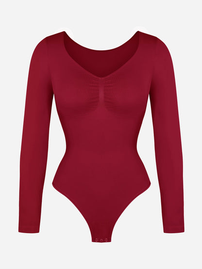Seamless Long Sleeve Chest Support Thong Bodysuit – Tummy Control Shaper