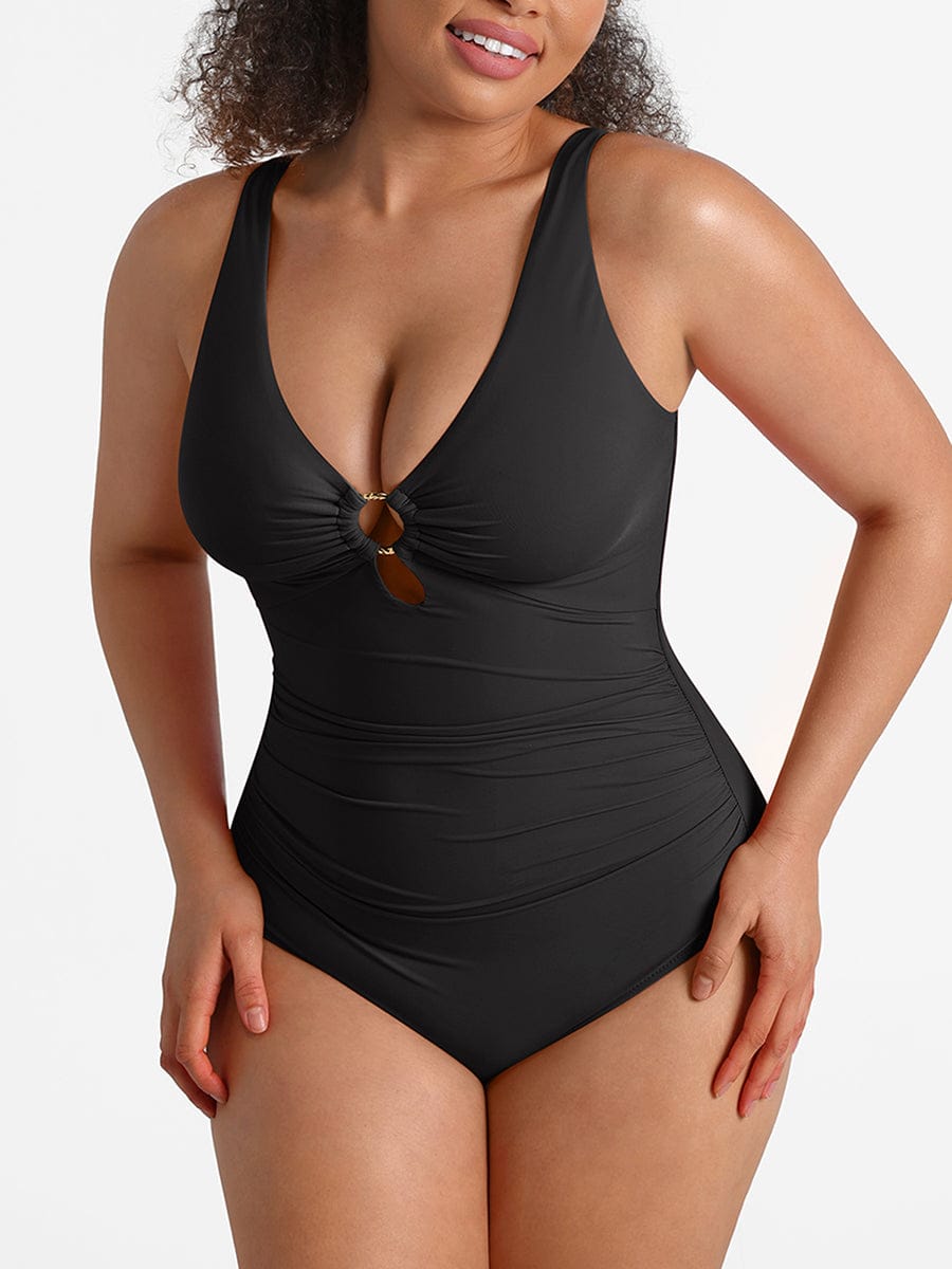 Deep V Ruched One Piece Swimsuit – Waist Shaping with Removable Pads