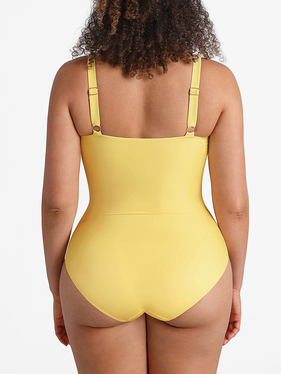 Deep V Ruched One Piece Swimsuit – Waist Shaping with Removable Pads