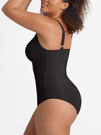 Deep V Ruched One Piece Swimsuit – Waist Shaping with Removable Pads