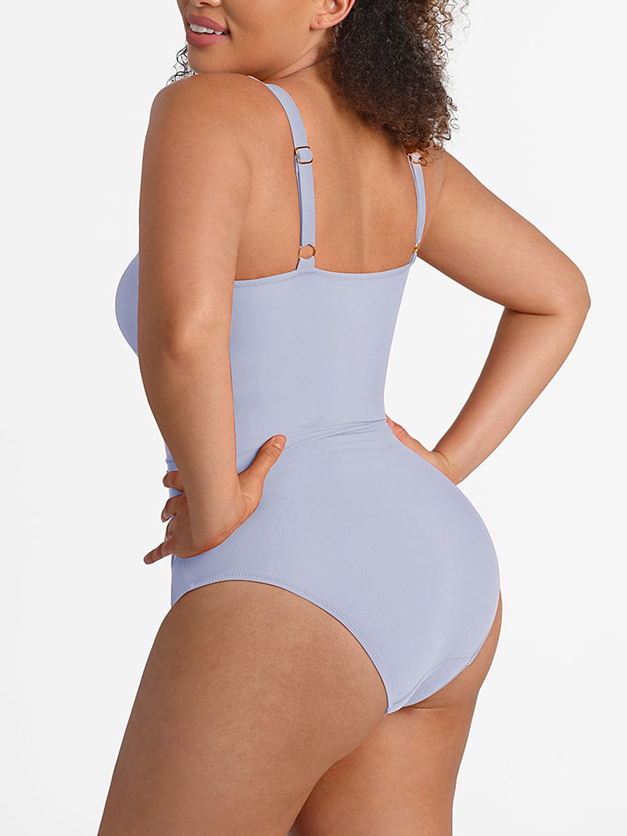 Deep V Ruched One Piece Swimsuit – Waist Shaping with Removable Pads