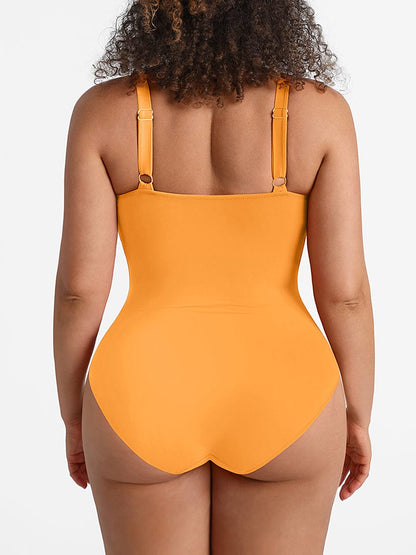 Deep V Ruched One Piece Swimsuit – Waist Shaping with Removable Pads