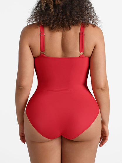 Deep V Ruched One Piece Swimsuit – Waist Shaping with Removable Pads