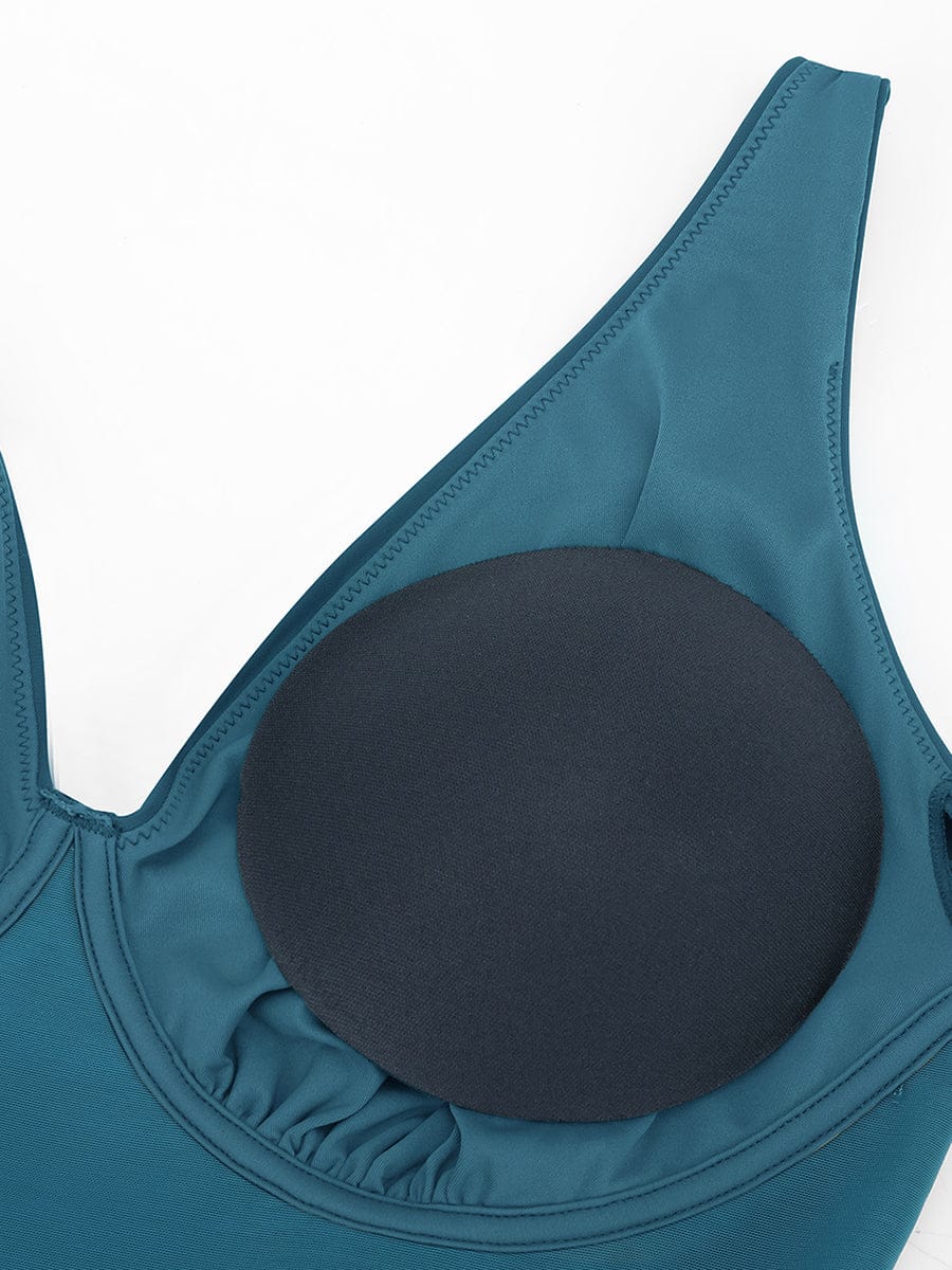 Deep V One Piece Swimsuit – Ruched Mesh Tummy Control with Removable Pads