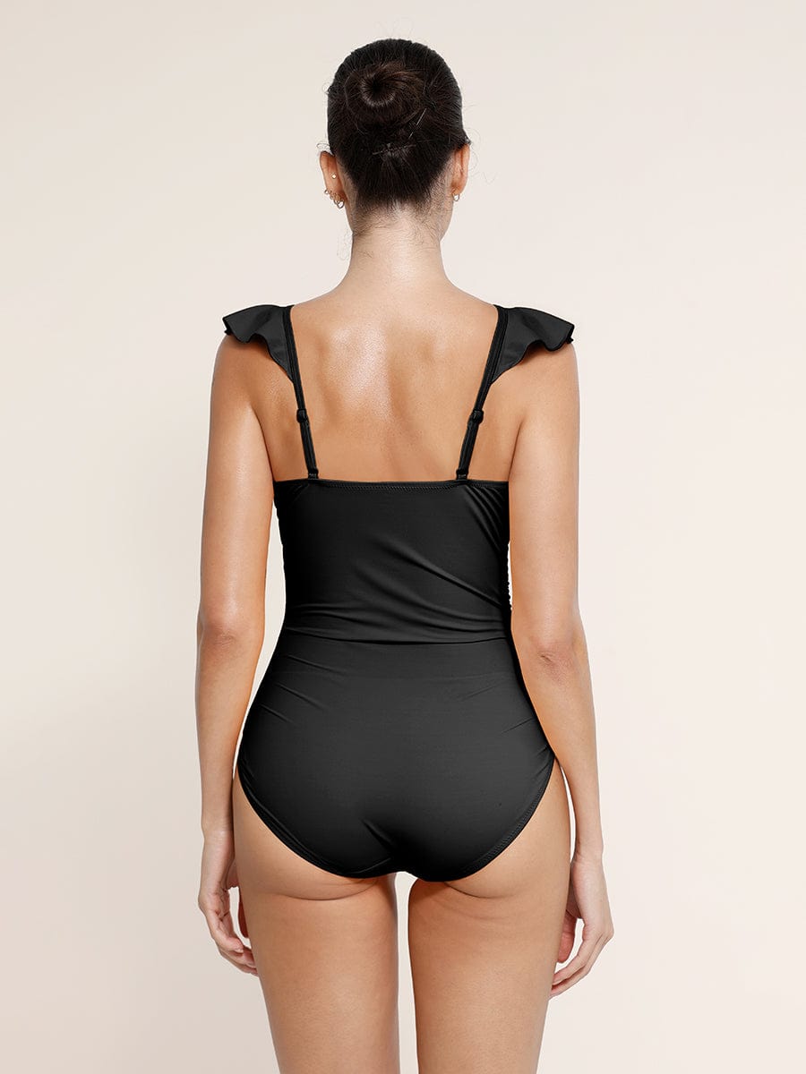 Ruffled V Neck One Piece Swimsuit – Ruched Waist Lace Up Swimwear