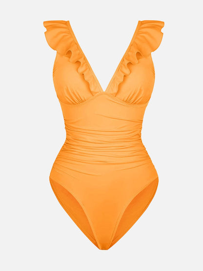Ruffled V Neck One Piece Swimsuit – Ruched Waist Lace Up Swimwear
