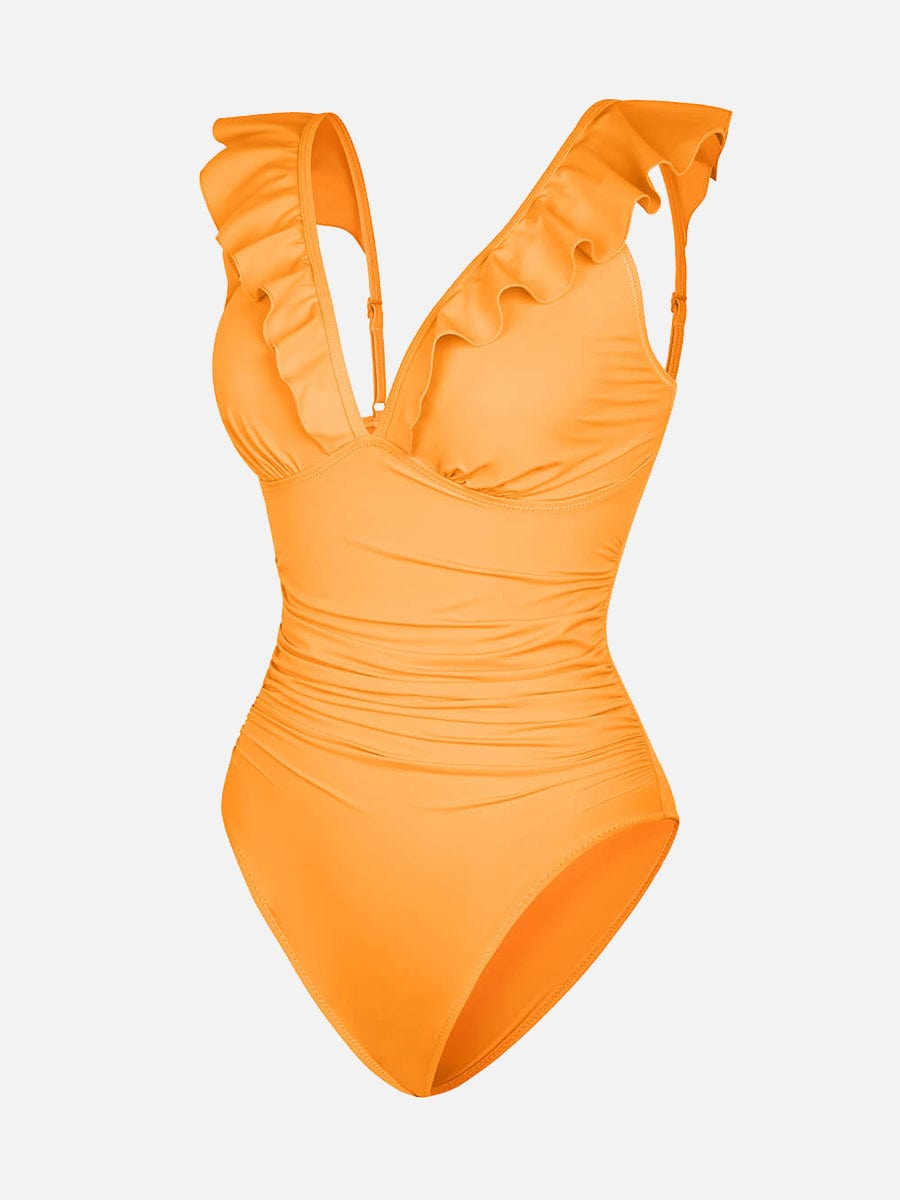 Ruffled V Neck One Piece Swimsuit – Ruched Waist Lace Up Swimwear