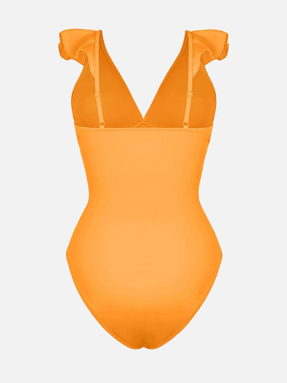 Ruffled V Neck One Piece Swimsuit – Ruched Waist Lace Up Swimwear