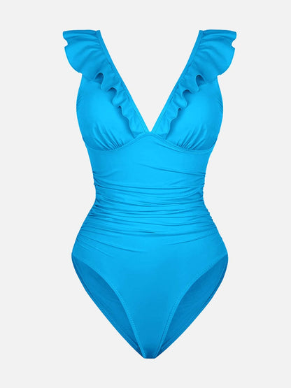 Ruffled V Neck One Piece Swimsuit – Ruched Waist Lace Up Swimwear