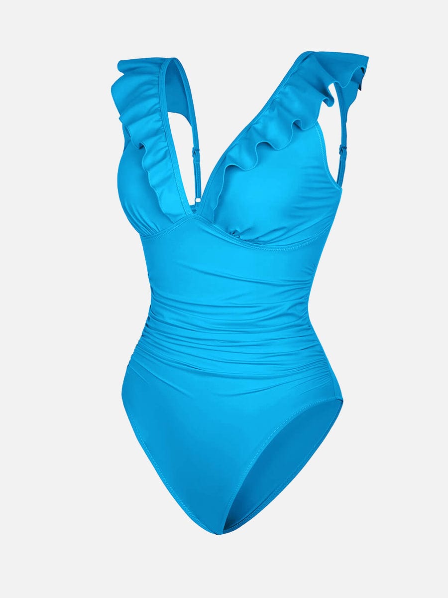 Ruffled V Neck One Piece Swimsuit – Ruched Waist Lace Up Swimwear