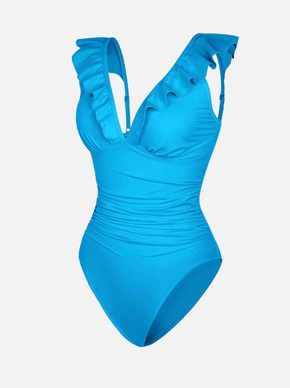 Ruffled V Neck One Piece Swimsuit – Ruched Waist Lace Up Swimwear