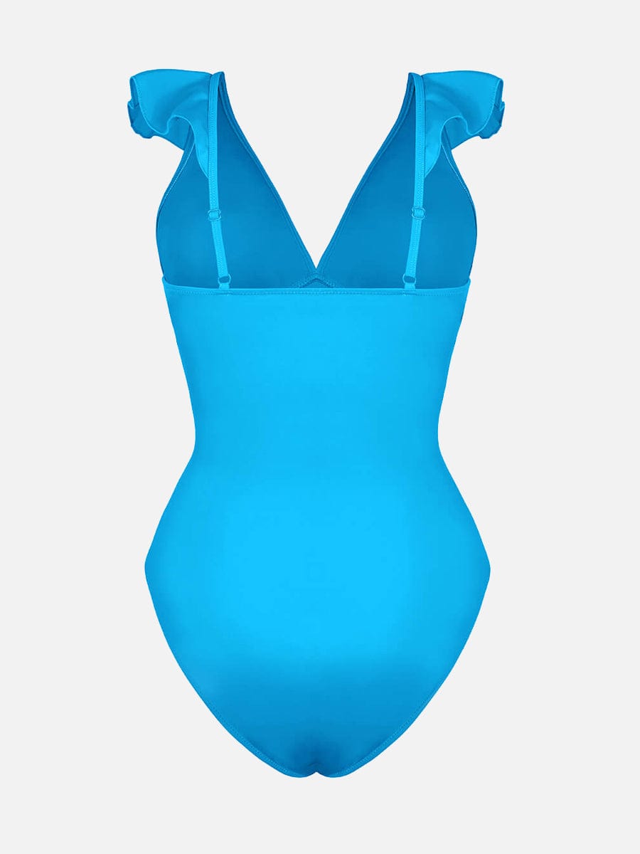 Ruffled V Neck One Piece Swimsuit – Ruched Waist Lace Up Swimwear
