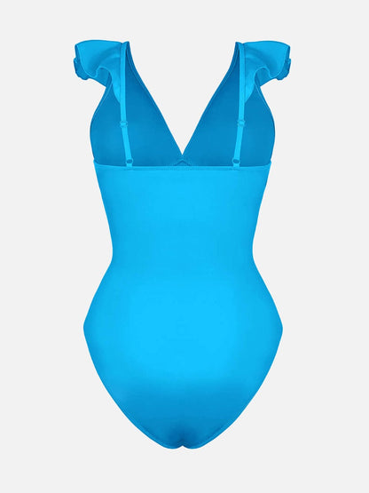 Ruffled V Neck One Piece Swimsuit – Ruched Waist Lace Up Swimwear