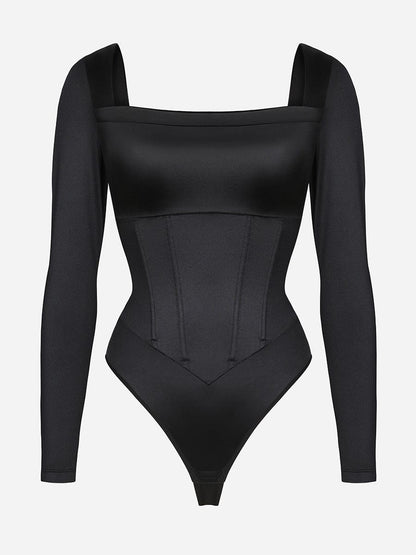Wholesale Retro Square Neck Built in corset Tummy Control Bodysuit With removable coasters